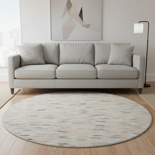 HomeRoots 8' Stylish Geometric Washable Round Rug in Linen Gray & Ivory - Durable, Fade-Resistant, UV Protected! 696395