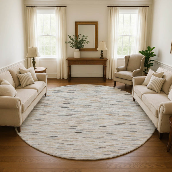 HomeRoots 8' Stylish Geometric Washable Round Rug in Linen Gray & Ivory - Durable, Fade-Resistant, UV Protected! 696395