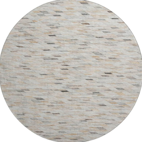HomeRoots 8' Stylish Geometric Washable Round Rug in Linen Gray & Ivory - Durable, Fade-Resistant, UV Protected! 696395