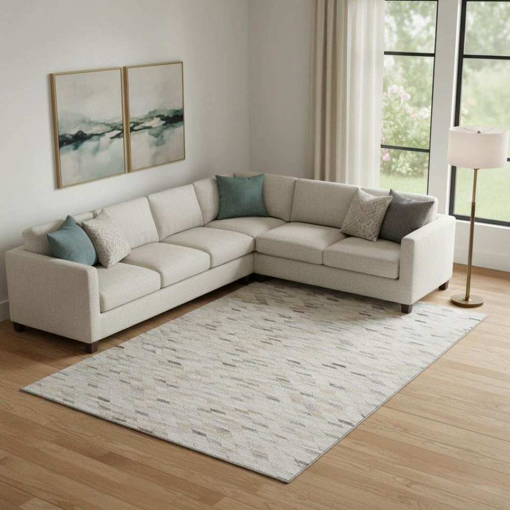 HomeRoots 9' X 12' Linen Gray & Ivory Geometric Area Rug – Washable, UV-Protected, Durable for High-Traffic Spaces 696397