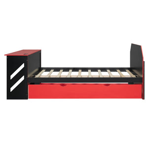 English Elm Full Size Wood Daybed with Twin Trundle Desk and Usb Charging for Teen Rooms Red LT000262AAR