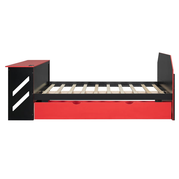 English Elm Full Size Wood Daybed with Twin Trundle Desk and Usb Charging for Teen Rooms Red LT000262AAR