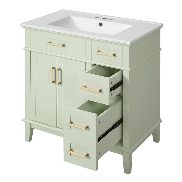 English Elm 30" Bathroom Vanity with Ceramic Sink and Deep Storage, Soft-Close Doors, Gold Handles, Durable Wood Frame Green N729P276610F