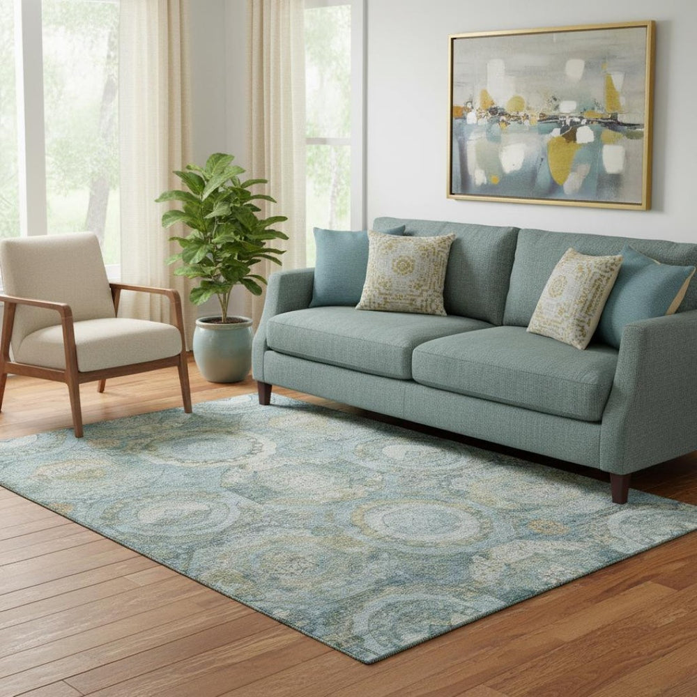 HomeRoots 5' Blue Gold Gray Mosaic Washable Area Rug – Durable, Stain Resistant, UV Protected for Style & Comfort 696400