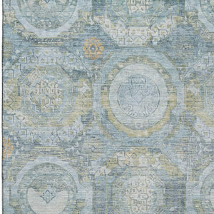 HomeRoots 5' Blue Gold Gray Mosaic Washable Area Rug – Durable, Stain Resistant, UV Protected for Style & Comfort 696400