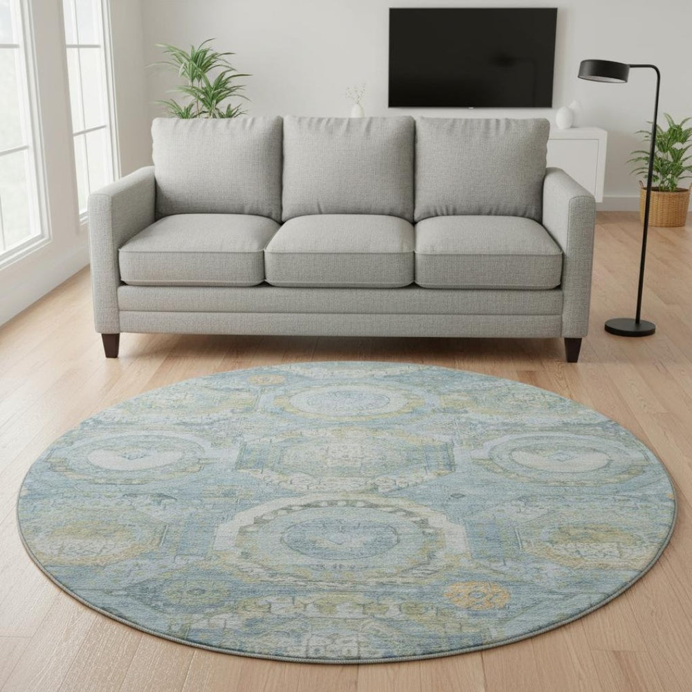 HomeRoots 8' Blue Gold Gray Mosaic Washable Round Rug - UV Protected, Stain-Resistant, Non-Slip Design for Homes 696401