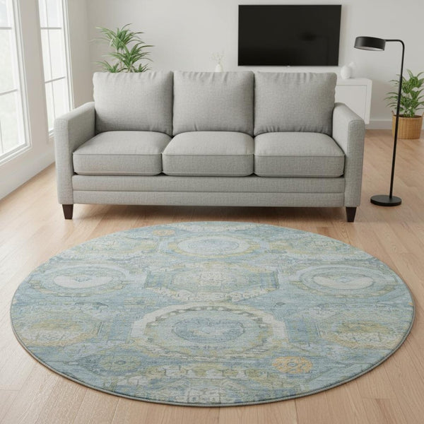 HomeRoots 8' Blue Gold Gray Mosaic Washable Round Rug - UV Protected, Stain-Resistant, Non-Slip Design for Homes 696401