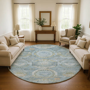 HomeRoots 8' Blue Gold Gray Mosaic Washable Round Rug - UV Protected, Stain-Resistant, Non-Slip Design for Homes 696401