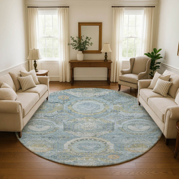 HomeRoots 8' Blue Gold Gray Mosaic Washable Round Rug - UV Protected, Stain-Resistant, Non-Slip Design for Homes 696401
