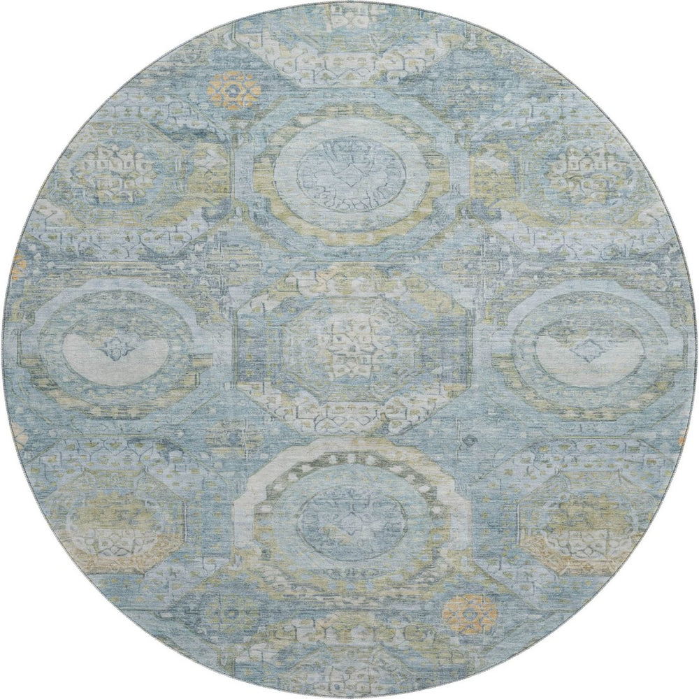 HomeRoots 8' Blue Gold Gray Mosaic Washable Round Rug - UV Protected, Stain-Resistant, Non-Slip Design for Homes 696401
