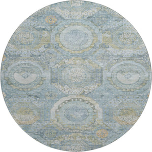 HomeRoots 8' Blue Gold Gray Mosaic Washable Round Rug - UV Protected, Stain-Resistant, Non-Slip Design for Homes 696401