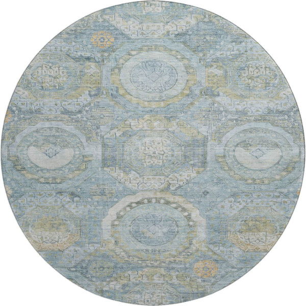 HomeRoots 8' Blue Gold Gray Mosaic Washable Round Rug - UV Protected, Stain-Resistant, Non-Slip Design for Homes 696401