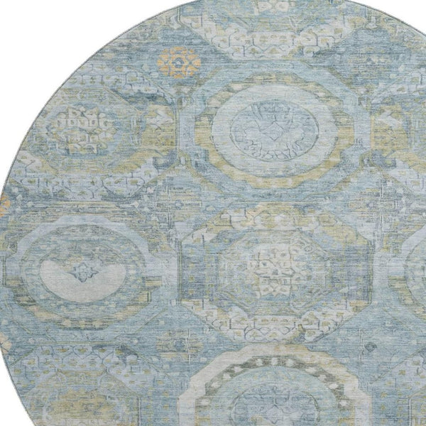 HomeRoots 8' Blue Gold Gray Mosaic Washable Round Rug - UV Protected, Stain-Resistant, Non-Slip Design for Homes 696401