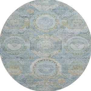 HomeRoots 8' Blue Gold Gray Mosaic Washable Round Rug - UV Protected, Stain-Resistant, Non-Slip Design for Homes 696401