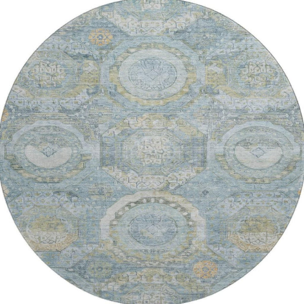 HomeRoots 8' Blue Gold Gray Mosaic Washable Round Rug - UV Protected, Stain-Resistant, Non-Slip Design for Homes 696401