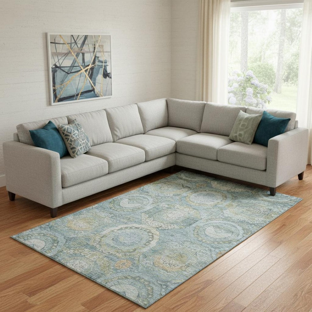 HomeRoots 8' X 10' Blue Gold and Gray Mosaic Area Rug - Washable, Stain Resistant, UV Protected & Non-Slip! 696402