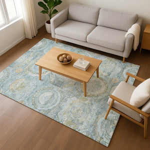 HomeRoots 10' Blue, Gold & Gray Mosaic Area Rug - Washable, UV Protected, Durable for Indoor & Outdoor Use 696404