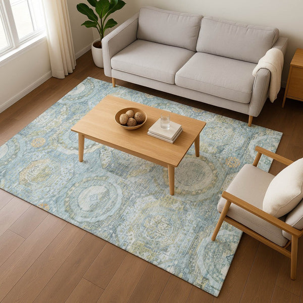 HomeRoots 10' Blue, Gold & Gray Mosaic Area Rug - Washable, UV Protected, Durable for Indoor & Outdoor Use 696404