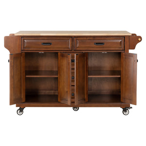 English Elm Kitchen Island durable rubberwood countertop kitchen cart on casters with towel rack, spice shelf, 5 drawers and adjustable shelving for organized meal prep and mobility Mahogany W914S00004