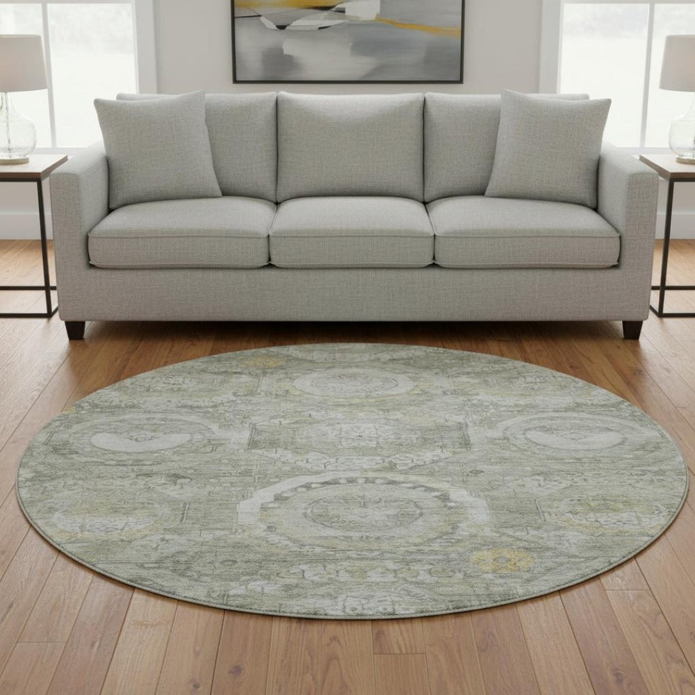 HomeRoots 8' Stylish Pewter Gray and Wheat Mosaic Round Rug - Washable, UV Protected for High-Traffic Areas 696407