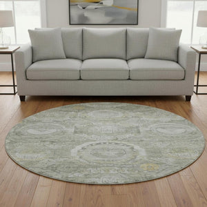 HomeRoots 8' Stylish Pewter Gray and Wheat Mosaic Round Rug - Washable, UV Protected for High-Traffic Areas 696407