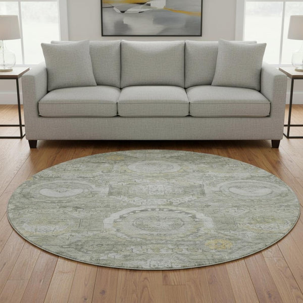 HomeRoots 8' Stylish Pewter Gray and Wheat Mosaic Round Rug - Washable, UV Protected for High-Traffic Areas 696407