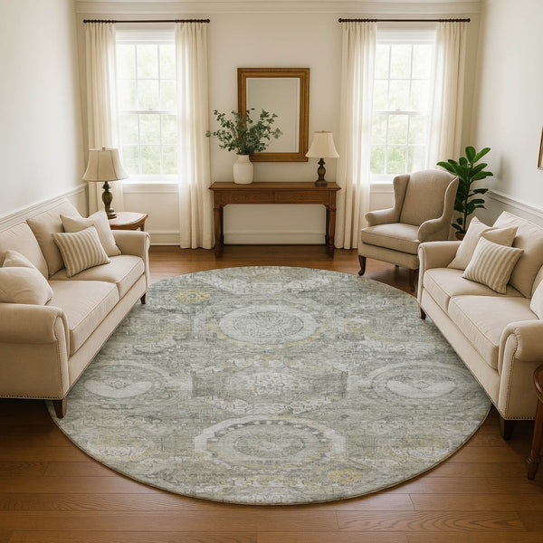 HomeRoots 8' Stylish Pewter Gray and Wheat Mosaic Round Rug - Washable, UV Protected for High-Traffic Areas 696407