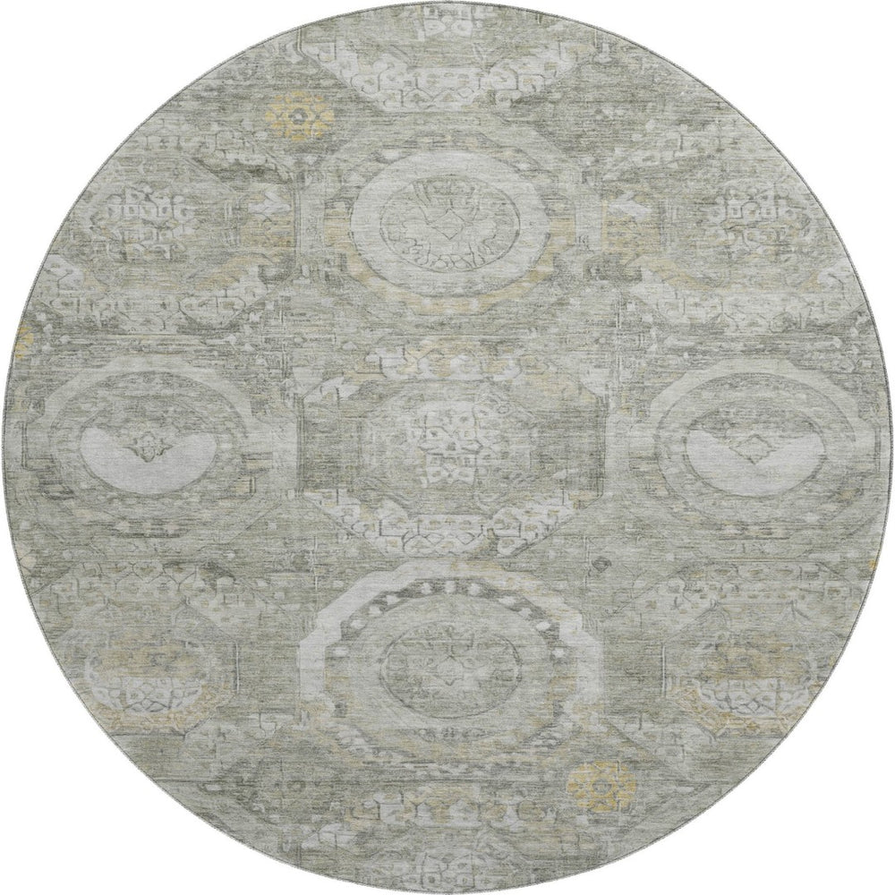 HomeRoots 8' Stylish Pewter Gray and Wheat Mosaic Round Rug - Washable, UV Protected for High-Traffic Areas 696407