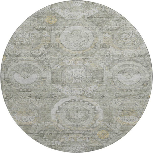 HomeRoots 8' Stylish Pewter Gray and Wheat Mosaic Round Rug - Washable, UV Protected for High-Traffic Areas 696407