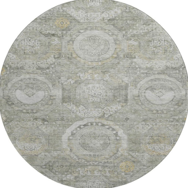 HomeRoots 8' Stylish Pewter Gray and Wheat Mosaic Round Rug - Washable, UV Protected for High-Traffic Areas 696407