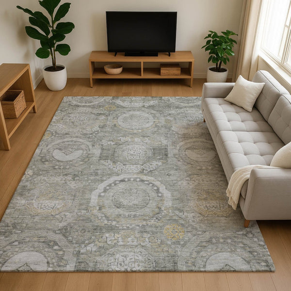 HomeRoots 9' X 12' Washable Pewter Gray & Wheat Mosaic Area Rug with UV Protection for High-Traffic Spaces 696409