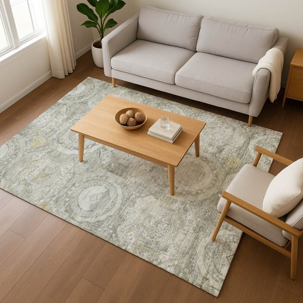 HomeRoots 9' X 12' Washable Pewter Gray & Wheat Mosaic Area Rug with UV Protection for High-Traffic Spaces 696409