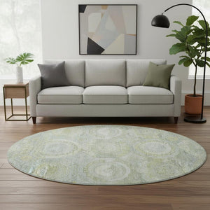 HomeRoots 8' Sage Gold and Gray Mosaic Round Rug – Washable, UV Protected, Stain-Resistant for Homes with Kids & Pets 696413