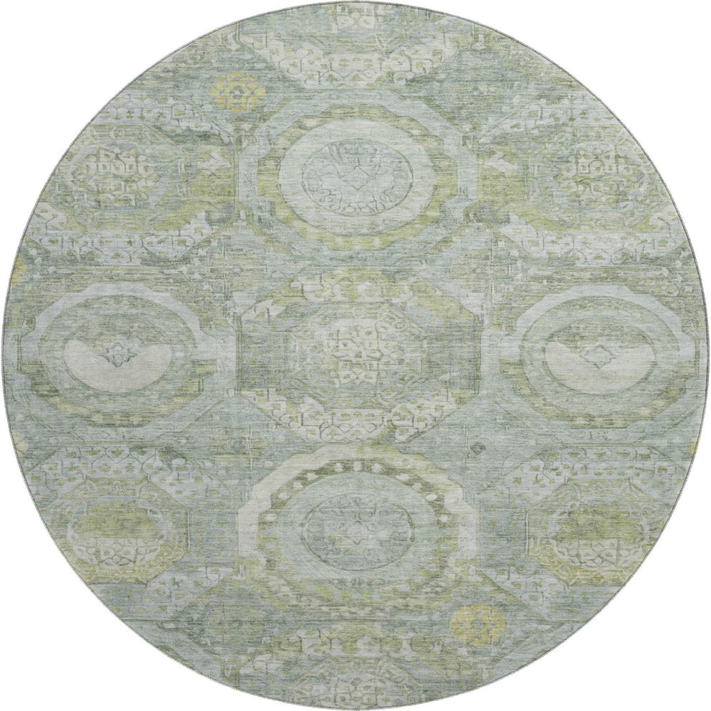 HomeRoots 8' Sage Gold and Gray Mosaic Round Rug – Washable, UV Protected, Stain-Resistant for Homes with Kids & Pets 696413