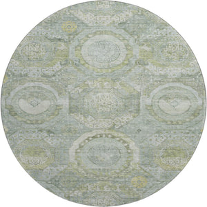 HomeRoots 8' Sage Gold and Gray Mosaic Round Rug – Washable, UV Protected, Stain-Resistant for Homes with Kids & Pets 696413