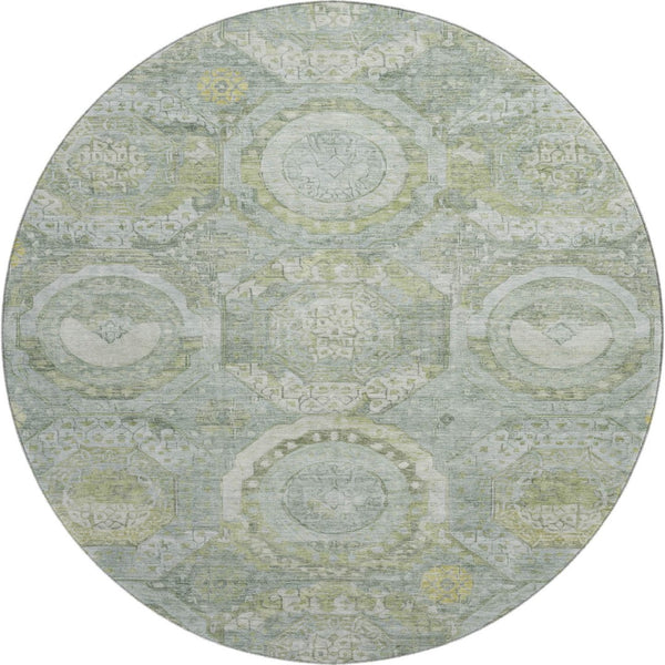HomeRoots 8' Sage Gold and Gray Mosaic Round Rug – Washable, UV Protected, Stain-Resistant for Homes with Kids & Pets 696413