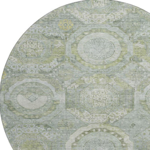 HomeRoots 8' Sage Gold and Gray Mosaic Round Rug – Washable, UV Protected, Stain-Resistant for Homes with Kids & Pets 696413