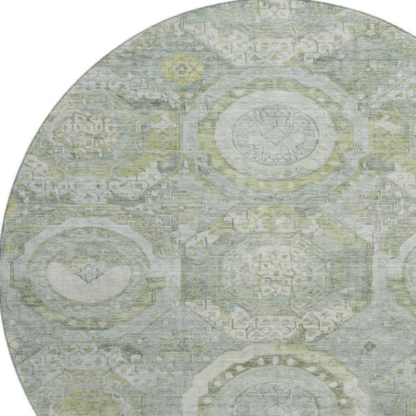 HomeRoots 8' Sage Gold and Gray Mosaic Round Rug – Washable, UV Protected, Stain-Resistant for Homes with Kids & Pets 696413