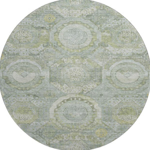 HomeRoots 8' Sage Gold and Gray Mosaic Round Rug – Washable, UV Protected, Stain-Resistant for Homes with Kids & Pets 696413