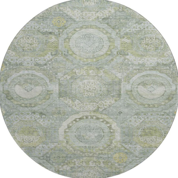 HomeRoots 8' Sage Gold and Gray Mosaic Round Rug – Washable, UV Protected, Stain-Resistant for Homes with Kids & Pets 696413