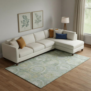 HomeRoots 9' X 12' Sage, Gold & Gray Mosaic Washable Area Rug - Stylish, Durable, Stain-Resistant & UV Protected! 696415
