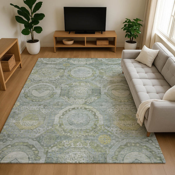 HomeRoots 9' X 12' Sage, Gold & Gray Mosaic Washable Area Rug - Stylish, Durable, Stain-Resistant & UV Protected! 696415