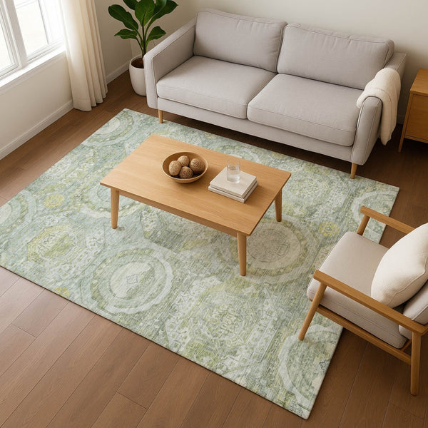 HomeRoots 9' X 12' Sage, Gold & Gray Mosaic Washable Area Rug - Stylish, Durable, Stain-Resistant & UV Protected! 696415