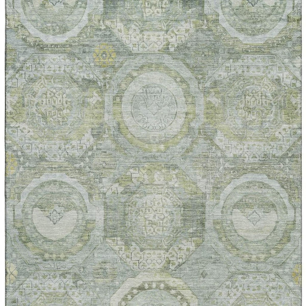 HomeRoots 9' X 12' Sage, Gold & Gray Mosaic Washable Area Rug - Stylish, Durable, Stain-Resistant & UV Protected! 696415