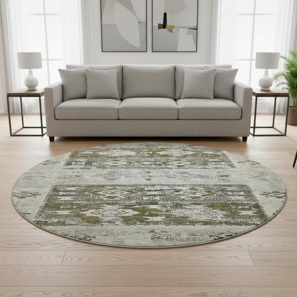HomeRoots 8' Brown Taupe and Beige Southwestern Round Rug - Washable, UV-Protected, Stain-Resistant Comfort! 696419