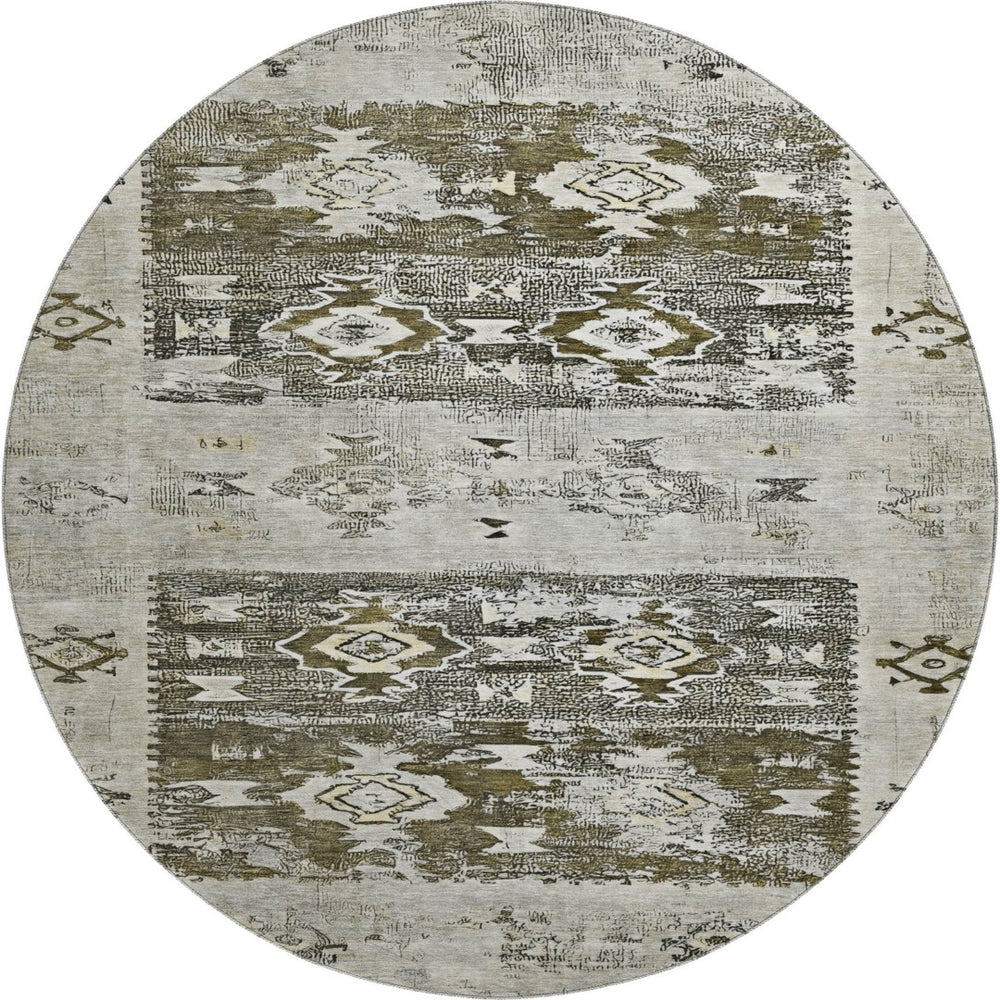 HomeRoots 8' Brown Taupe and Beige Southwestern Round Rug - Washable, UV-Protected, Stain-Resistant Comfort! 696419