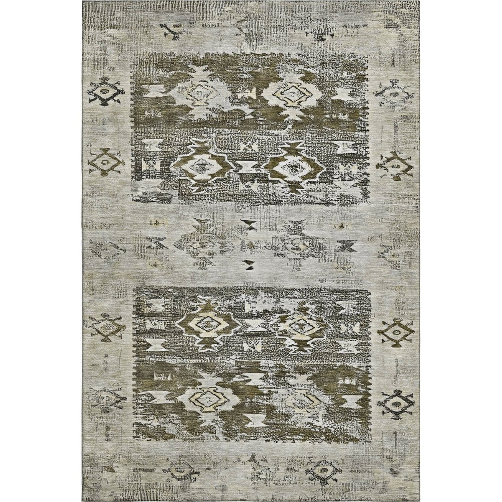 HomeRoots 9' X 12' Southwestern Washable Area Rug - Earthy Brown & Beige, UV-Protected, Pet-Friendly Design 696421
