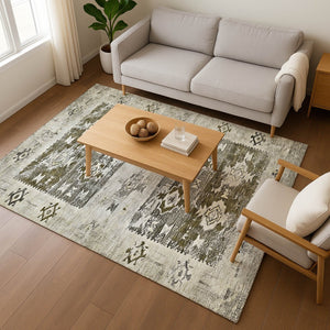 HomeRoots 9' X 12' Southwestern Washable Area Rug - Earthy Brown & Beige, UV-Protected, Pet-Friendly Design 696421