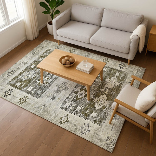 HomeRoots 9' X 12' Southwestern Washable Area Rug - Earthy Brown & Beige, UV-Protected, Pet-Friendly Design 696421