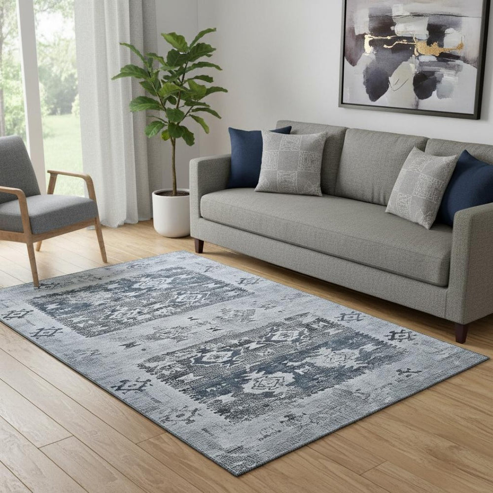 HomeRoots 5' X 8' Southwestern Area Rug in Blue, Ivory & Gray - Washable, UV Protected & Stain Resistant 696424